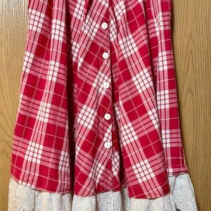 Vintage Cottage Country Prairie Boho Plaid Red Lace Trim White 90s Skirt Large